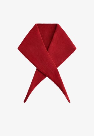 Écharpe rouge tricotée avec un motif triangulaire, une texture douce et des bords bruts, disposée en position croisée.