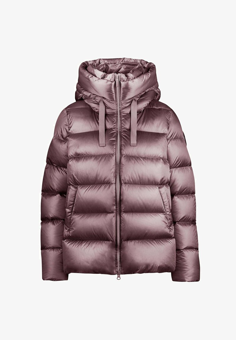 Veste d'hiver matelassée violette avec col haut, fermeture éclair à l'avant, cordons et deux poches latérales, présentée sur fond blanc.