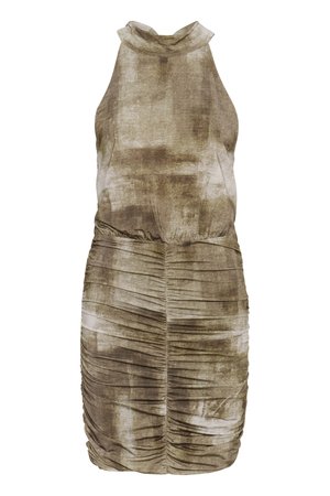 Halter neck dress in olive green and beige fabric, featuring ruched detailing along the waist and a smooth texture with a subtle pattern.