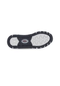 Suela de zapato atlético en blanco y negro con una superficie de goma texturizada, un patrón geométrico y un logo central.