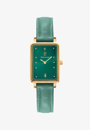 Suorakulmainen kello, jossa on syvänvihreä kellotaulu, kultaiset tuntimerkit ja kultainen kuori. Varustettu tekstuurilla varustetulla vaalean teal-nahkakahvalla. Brändilogo näkyvissä.