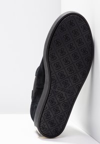 Semelle d'une chaussure noire avec une bande de roulement à motifs comportant des logos répétés et le nom de la marque « GUESS » embossé au centre.