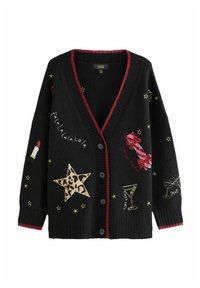 Cárdigan negro de punto con escote en V, acentos rojos y múltiples motivos bordados coloridos, incluyendo estrellas, bebidas y varios detalles de texto.