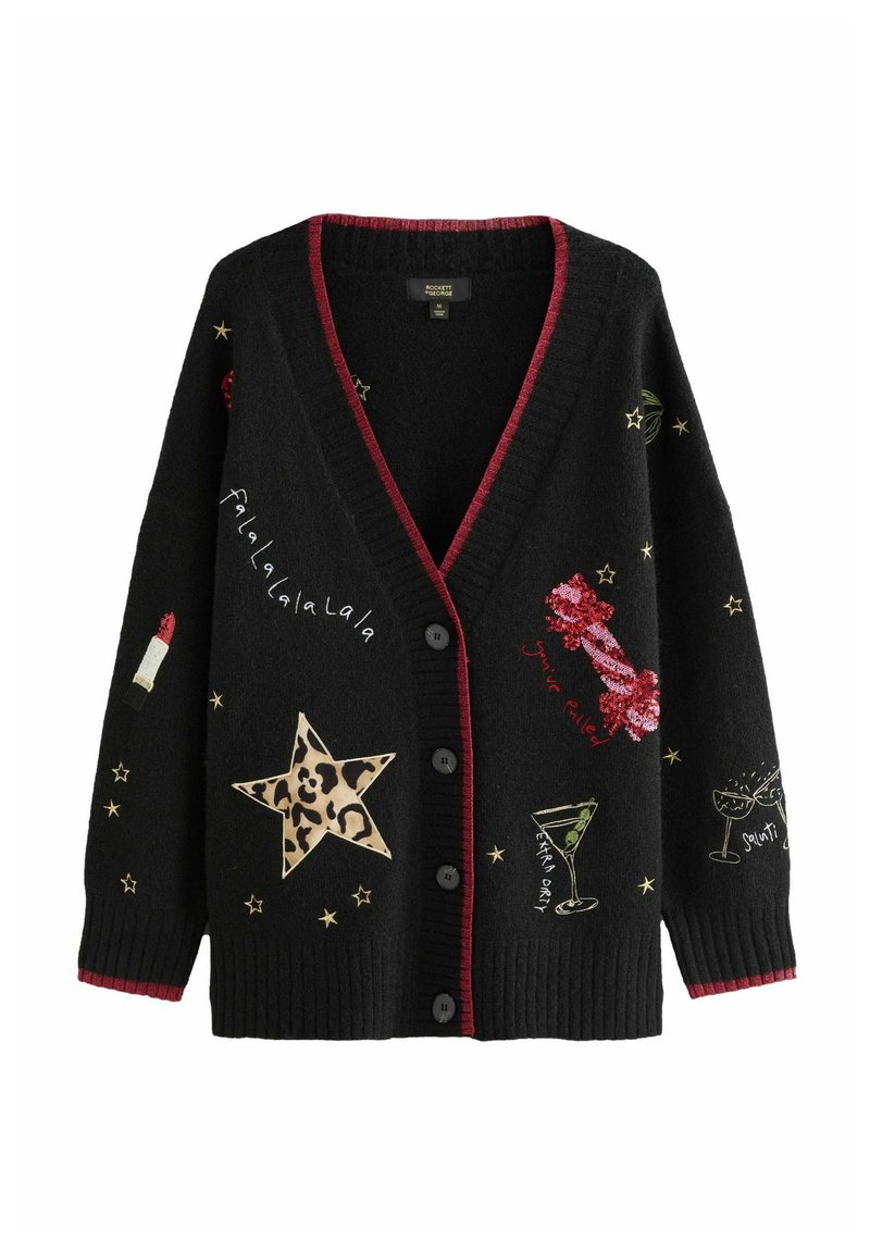 Cárdigan negro de punto con escote en V, acentos rojos y múltiples motivos bordados coloridos, incluyendo estrellas, bebidas y varios detalles de texto.