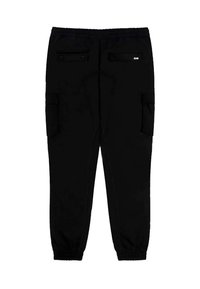 Pantaloni cargo neri con una cintura elastica, gambe affusolate, due tasche laterali e due tasche posteriori. Realizzati in un tessuto liscio e resistente.