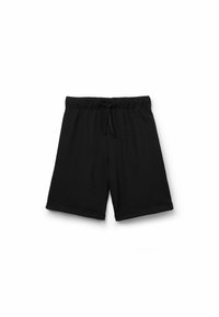 Shorts en coton noirs avec une taille élastique et un cordon de serrage. Caractéristiques : ourlets roulés et une texture lisse et légère.
