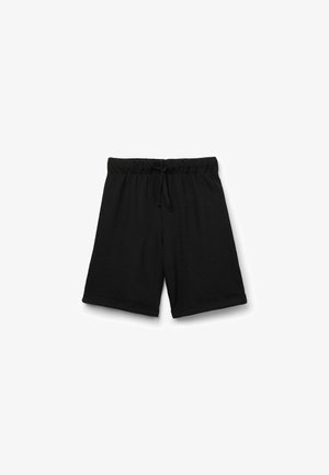 Shorts en coton noirs avec une taille élastique et un cordon de serrage. Caractéristiques : ourlets roulés et une texture lisse et légère.