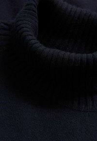 Dunkelblauer Rollkragenpullover mit geripptem Kragen und glatter Strickstruktur. Nahaufnahme zeigt die weiche, warme Optik des Stoffs.