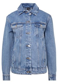 Světle modrá džínová bunda s knoflíkovým zapínáním vpředu, dvěma kapsami na prsou a špičatým límcem. Obsahuje ozdobné švy a má volný střih.