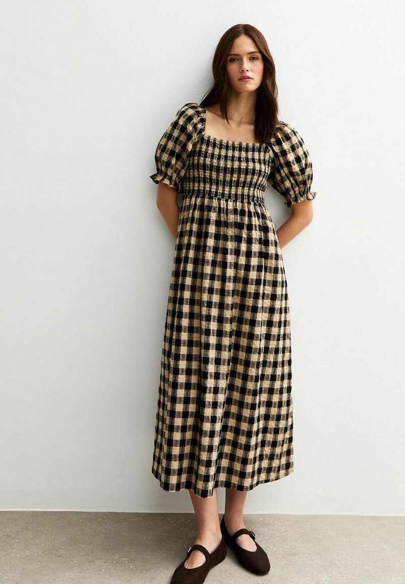 New Look CHECKED PUFF SLEEVE MIDI - Day dress - brown pattern/brown -  Zalando