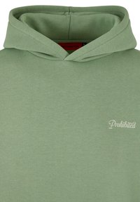 Haut à capuche vert clair avec une texture douce, doté d'une poche kangourou à l'avant et du mot "Interdit" en blanc sur la partie gauche de la poitrine.