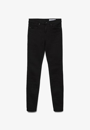 Svarte skinny jeans laget av denimstoff, med et klassisk fem-lommers design, glidelåslukking og subtil detaljer i sømmen.