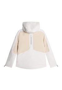 Wodoodporna kurtka w białym i beżowym kolorze, z kapturem, długimi rękawami i smukłym fasonem z logo z tyłu.
