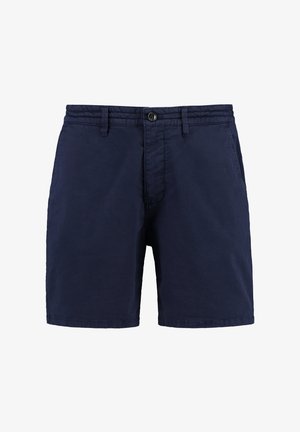 Granatowe szorty wykonane z bawełny. Standardowy pas z zapięciem na guzik, boczne kieszenie i prosty krój bez wzorów czy akcentów.