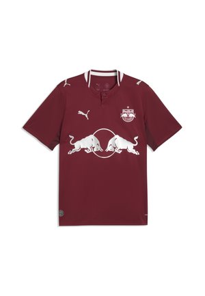 Maroon Red Bull Salzburg fodboldtrøje med hvide Puma-logoer og to hvide tyre vendt mod hinanden i midten.