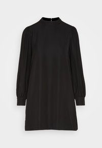 Abito lungo nero a maniche lunghe con collo alto, caratterizzato da maniche a sbuffo e una silhouette dritta. Tessuto morbido con dettagli minimi.