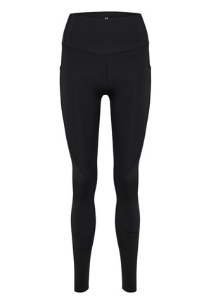 Czarne legginsy z wysokim stanem wykonane z elastycznego materiału, z gładkimi szwami, boczną kieszenią oraz logo w pobliżu krawędzi.