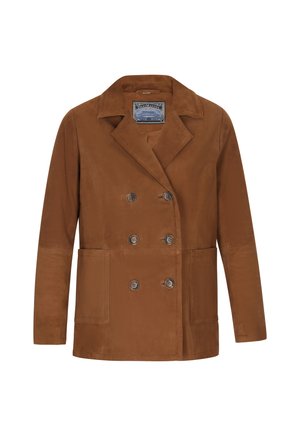 Brown double-breasted jacket with a smooth texture, notched lapels, and two large front pockets. Features horn-style buttons and a lining label.