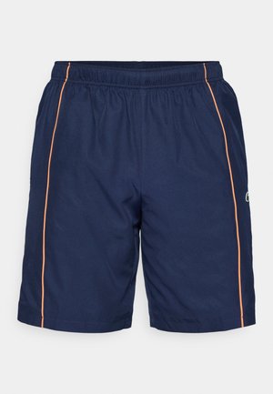 Marineblauwe shorts van lichtgewicht stof met een elastische tailleband, voorzien van contrasterende oranje zijkant piping en een klein logo op het linkerbeen.