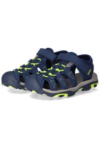 Marineblaue Sandalen mit neongrünen Akzenten, aus synthetischem Material gefertigt. Verfügt über verstellbare Riemen, ein offenes Design und eine strukturierte Sohle.