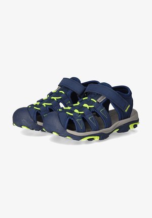 Navy blue sandals with neon green accents, made of synthetic material. Features adjustable straps, open toe design, and textured sole.