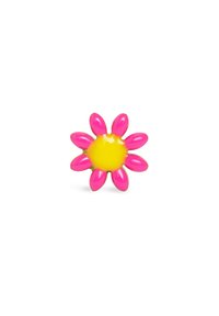 Diseño de flores de colores brillantes en rosa y amarillo, con formas de pétalos alargados en rosa rodeando una forma redonda central amarilla. Acabado brillante.