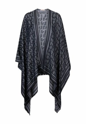 Donkergrijze en zwarte sjaal met geometrisch herhalend patroon, open voorkant en franjes aan de randen, asymmetrisch vallend aan de zijkanten.