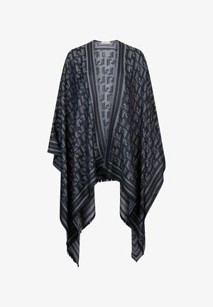Sciarpa grigio scuro e nera con motivo geometrico ripetuto, apertura frontale e bordi con frange, che cade in modo asimmetrico ai lati.