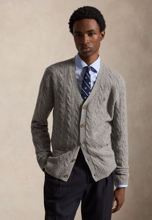 Homme portant un cardigan gris en maille torsadée sur une chemise bleue et une cravate à motifs, avec un pantalon foncé, debout devant un fond beige uni.