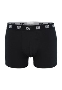 Černé bavlněné boxerky s elastickým pasem, na kterém je bílý nápis "CR7". Materiál je hladký a střih přiléhavý.