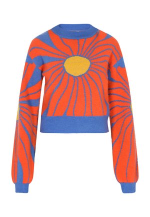 Pull en crochet orange et bleu avec un motif en rayons de soleil et un centre jaune, col rond et design court. Texture en tricot douce.