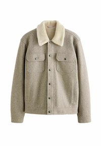 Tan uldjakke med en beige faux shearling krave, der har to brystlommer og en sidelomme, sikret med metal snaps.