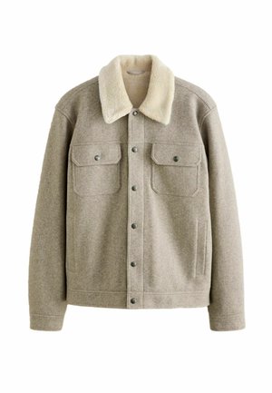 Tan wool jacket with a beige faux shearling collar, featuring two chest pockets and a side pocket, secured with metal snap buttons.