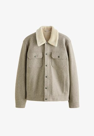 Tan wool jacket with a beige faux shearling collar, featuring two chest pockets and a side pocket, secured with metal snap buttons.