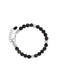 Bracciale con perline composto da pietre nere rotonde, alternate a dettagli in argento texturizzato, fissato con una catena e un gancio a croce.