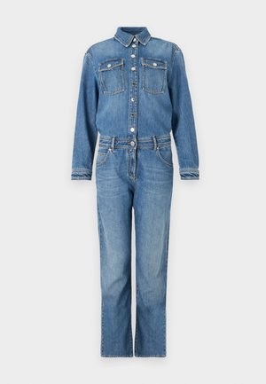 Jeans-Overall in Hellblau. Verfügt über lange Ärmel, einen Kragen, einen durchgehenden Knopfverschluss, zwei Brusttaschen und weit geschnittene, gerade Beine mit sichtbaren Nähten.