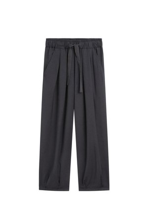 Dunkelgraue, locker sitzende Hose aus weichem Stoff. Verfügt über einen elastischen Bund mit Kordelzug und Seitentaschen.