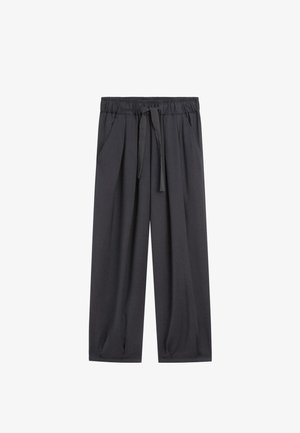 Dunkelgraue, locker sitzende Hose aus weichem Stoff. Verfügt über einen elastischen Bund mit Kordelzug und Seitentaschen.