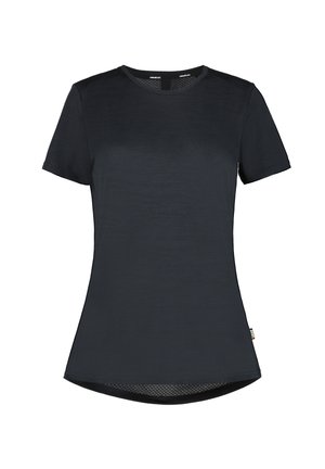 Maglietta sportiva aderente da donna, nera, a maniche corte, con scollo tondo e pannelli di ventilazione in mesh discreti.