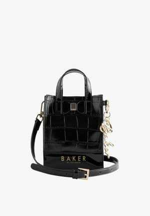 Kleine glänzende schwarze Handtasche mit Krokodilstruktur, doppelten Griffen, verstellbarem Riemen, einer Schleifendekoration und einem goldenen Ted Baker Logo-Anhänger.