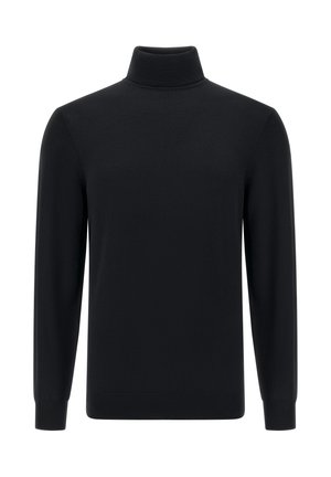 Pull à col roulé noir en tissu lisse, avec des manches longues et une coupe ajustée, présentant des poignets et un ourlet côtelés.