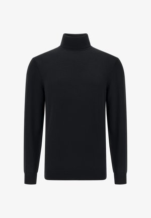Pull à col roulé noir en tissu lisse, avec des manches longues et une coupe ajustée, présentant des poignets et un ourlet côtelés.