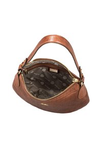 Sac en cuir marron au cuir de crocodile, avec une fermeture éclair dorée, une poignée courte et une doublure en tissu à motifs. Vue ouverte montrant la disposition intérieure.