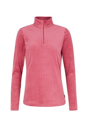 Dlhý rukáv pulóver vo svetloružovej farbe so štvrtinovým zipsom, s textúrou v úplete a stojatým golierom.