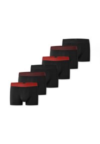 Sorte bokserhorts i en pakke med seks, hvoraf to har røde elastikker og fire har sorte elastikker. Lavet af blødt stof, designet til komfort.