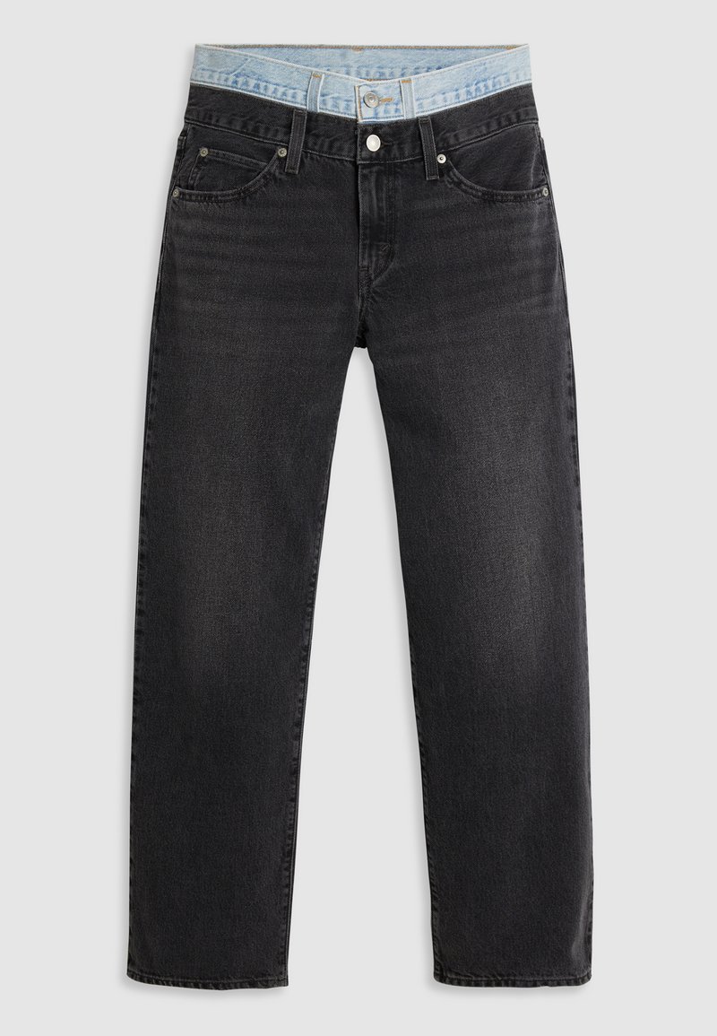 Jeans en denim noir avec une coupe droite, dotés d'une taille en denim clair. Le tissu a une texture douce avec une légère décoloration.