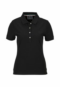 Zwarte polo met korte mouwen, knoopsluiting en een subtiele reliëf logo. Beschikt over een klassieke kraag en contrasterende gestreepte binnenkant van de knoopsluiting.