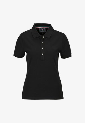 Zwarte polo met korte mouwen, knoopsluiting en een subtiele reliëf logo. Beschikt over een klassieke kraag en contrasterende gestreepte binnenkant van de knoopsluiting.