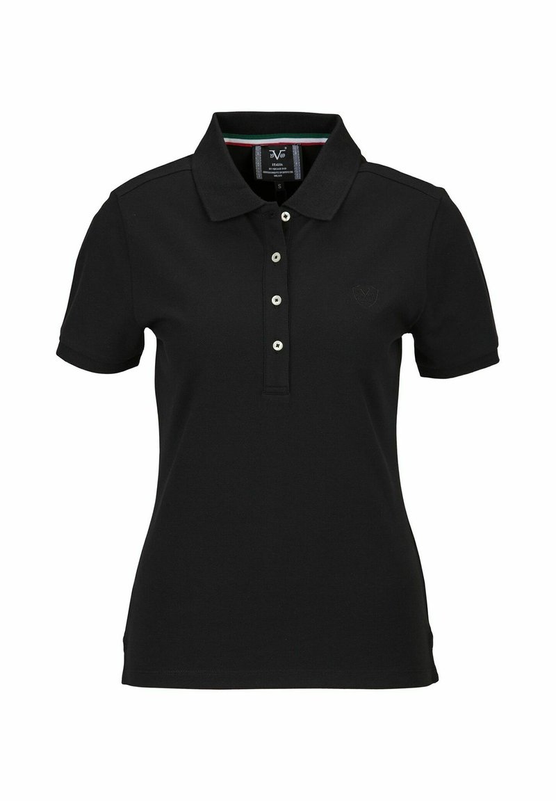 Zwarte polo met korte mouwen, knoopsluiting en een subtiele reliëf logo. Beschikt over een klassieke kraag en contrasterende gestreepte binnenkant van de knoopsluiting.