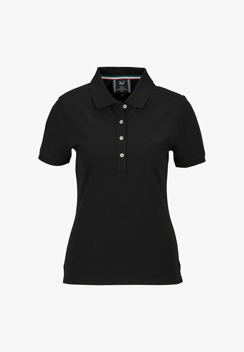 Zwarte polo met korte mouwen, knoopsluiting en een subtiele reliëf logo. Beschikt over een klassieke kraag en contrasterende gestreepte binnenkant van de knoopsluiting.